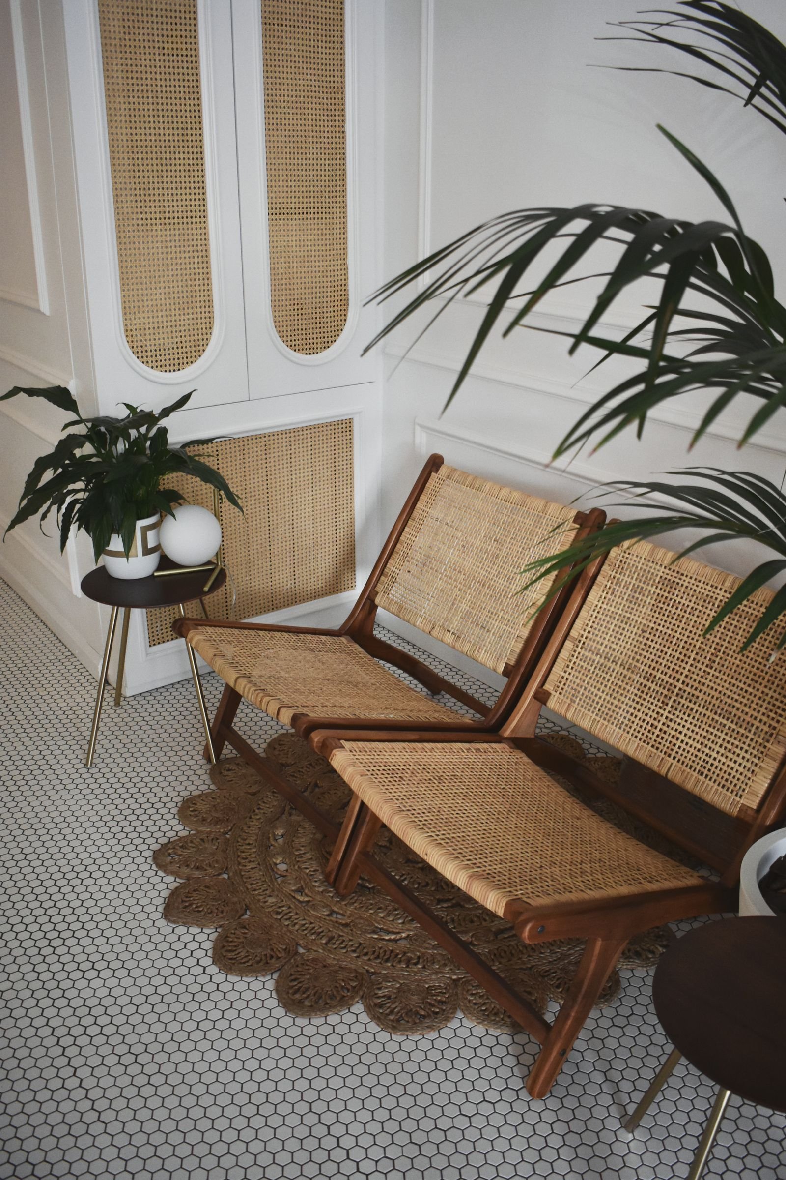 Two rattan chairs beside potted plants and a side table.