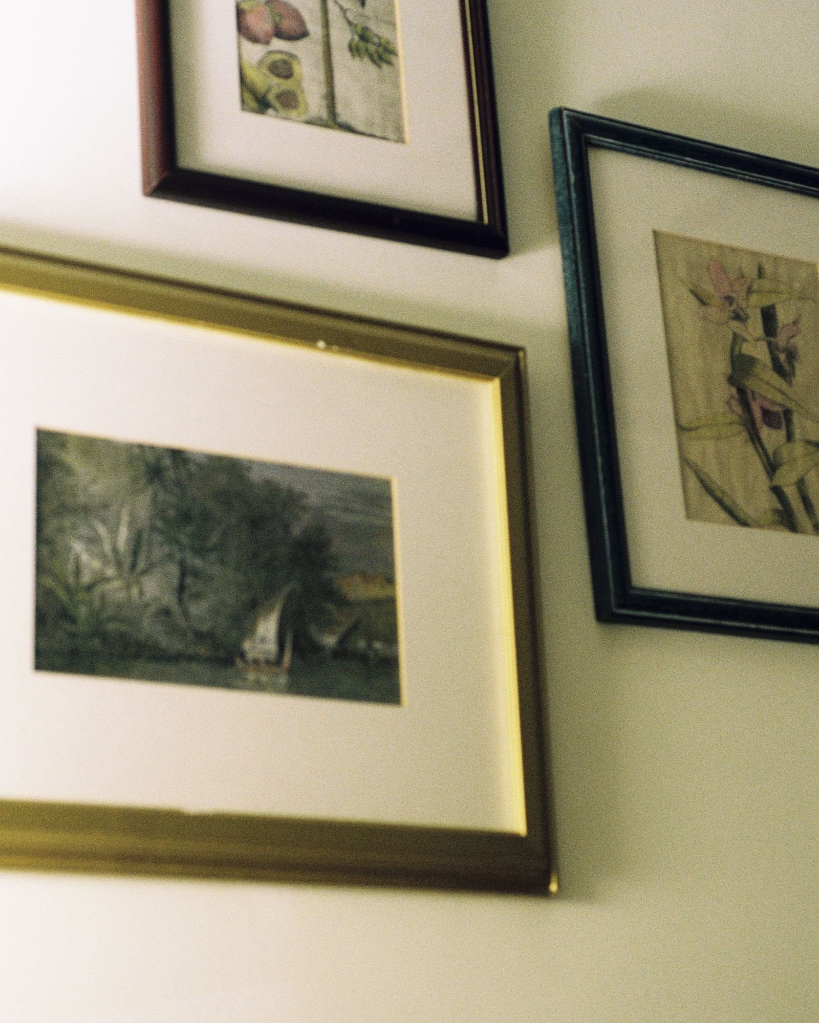 Collection of framed art prints arranged on a wall as elegant home decor