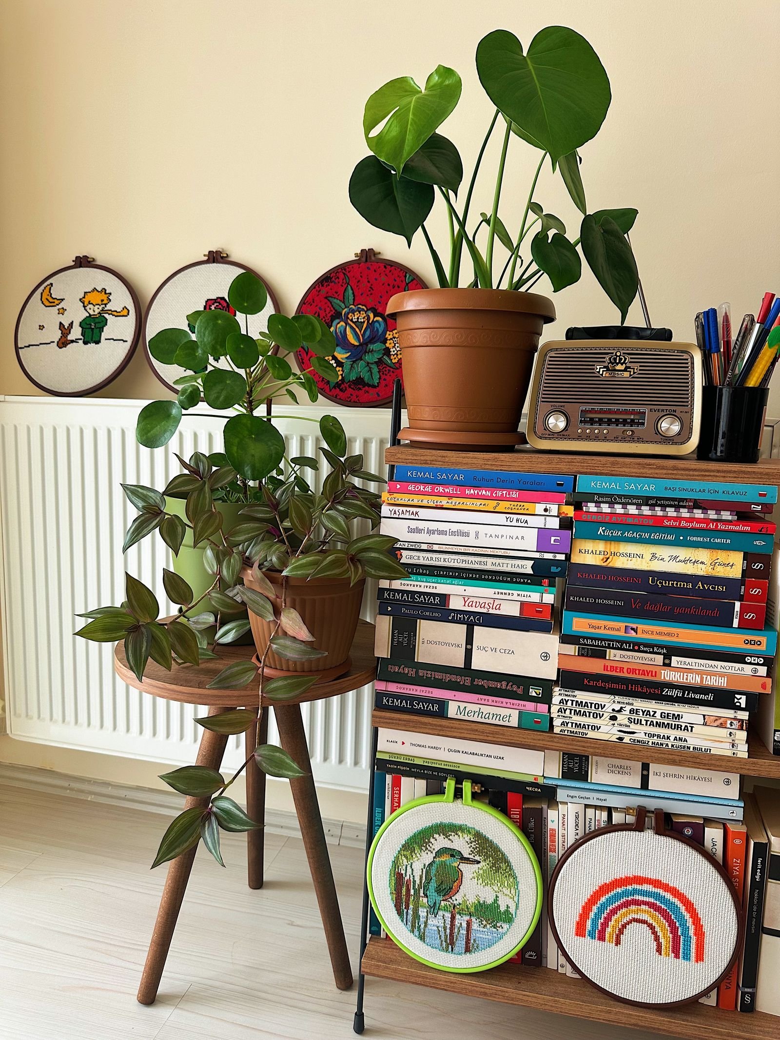 Cozy living space with leafy plants, a full bookshelf and vintage decor
