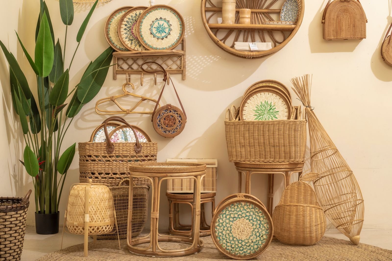 Wicker and rattan furniture with greenery adding natural texture