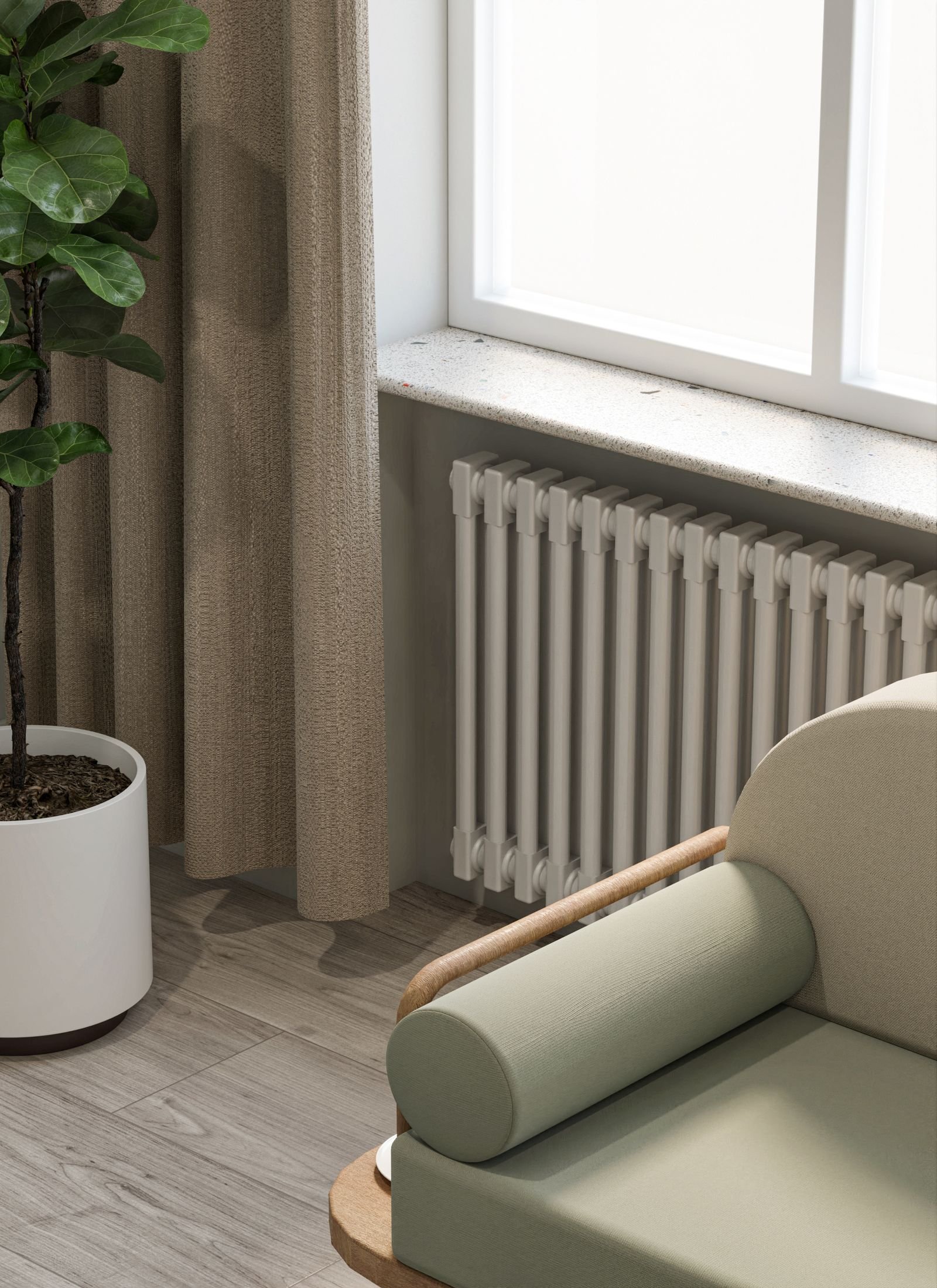Living room with a green sofa, a plant and a radiator beside a window.