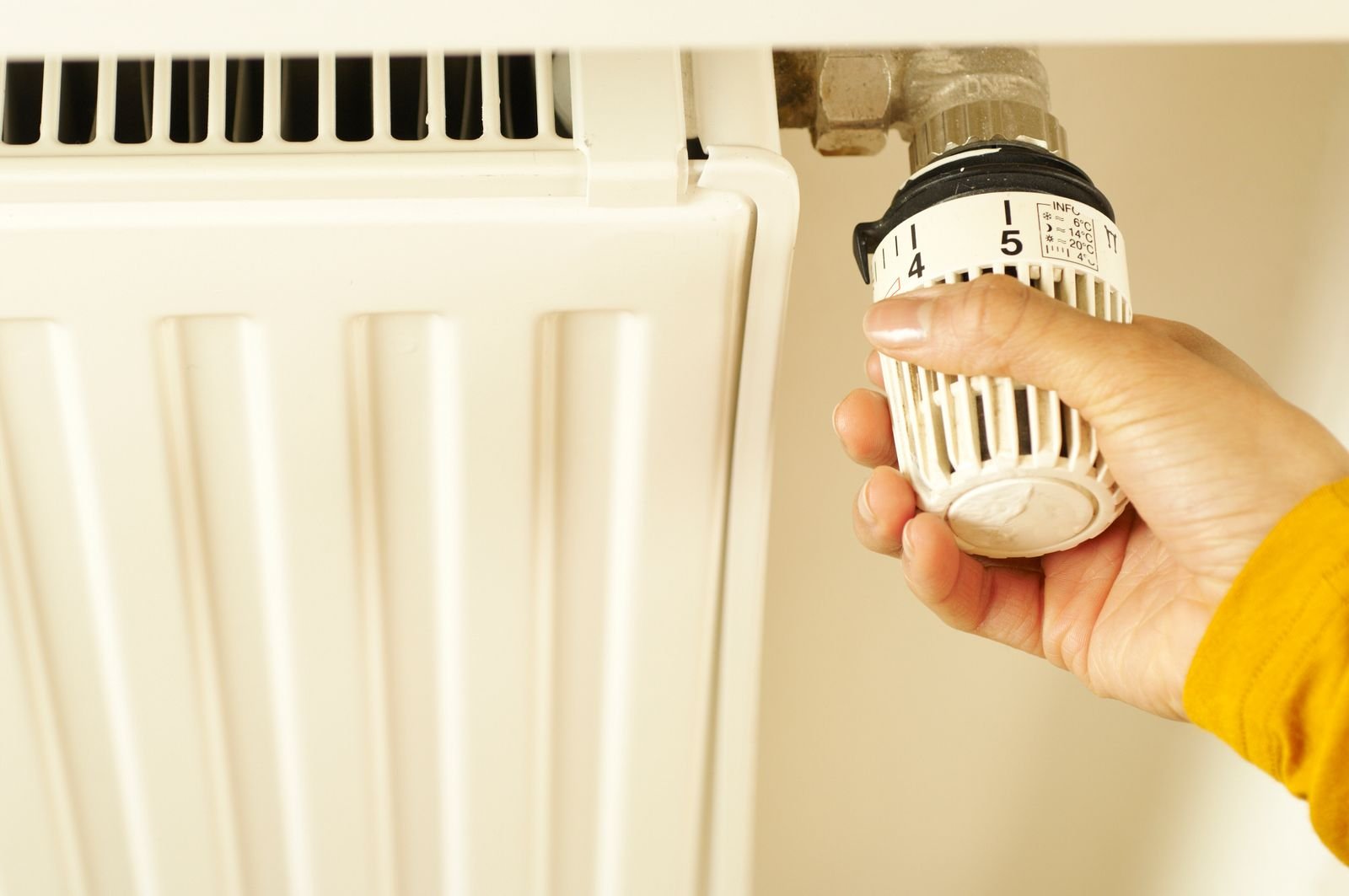 Hand adjusting a radiator thermostat valve to control the room temperature.