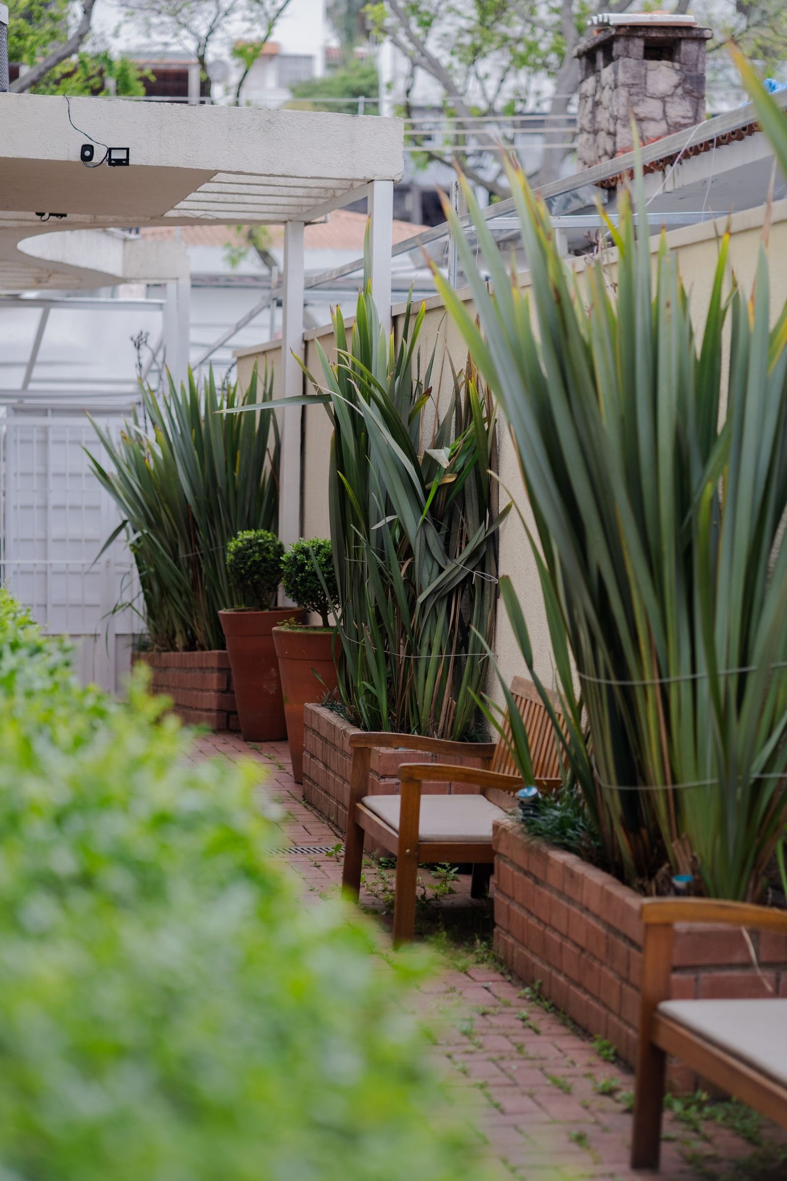 Terrace with potted plants and wooden seating.