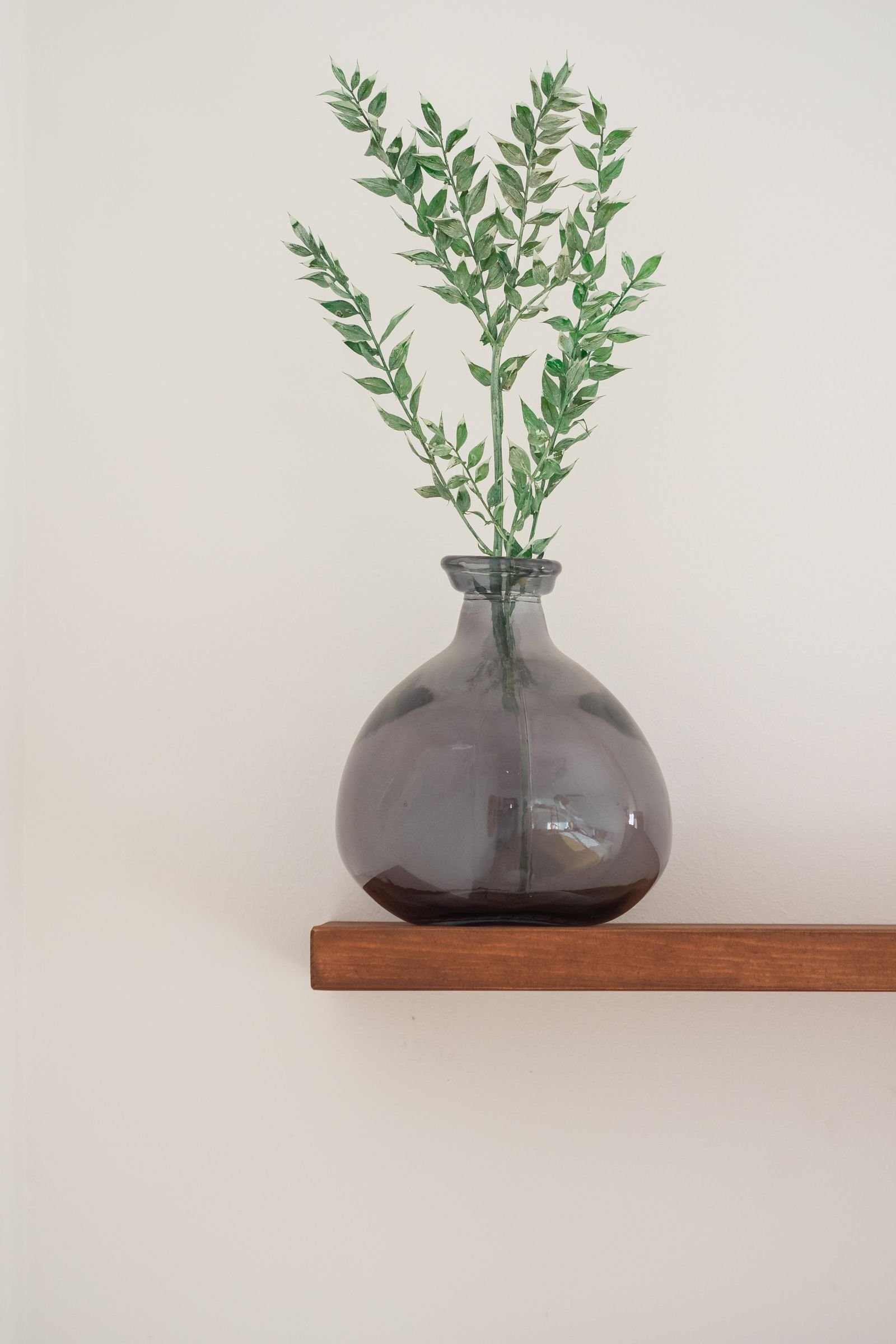 Glass vase with leafy branches on a wooden shelf.