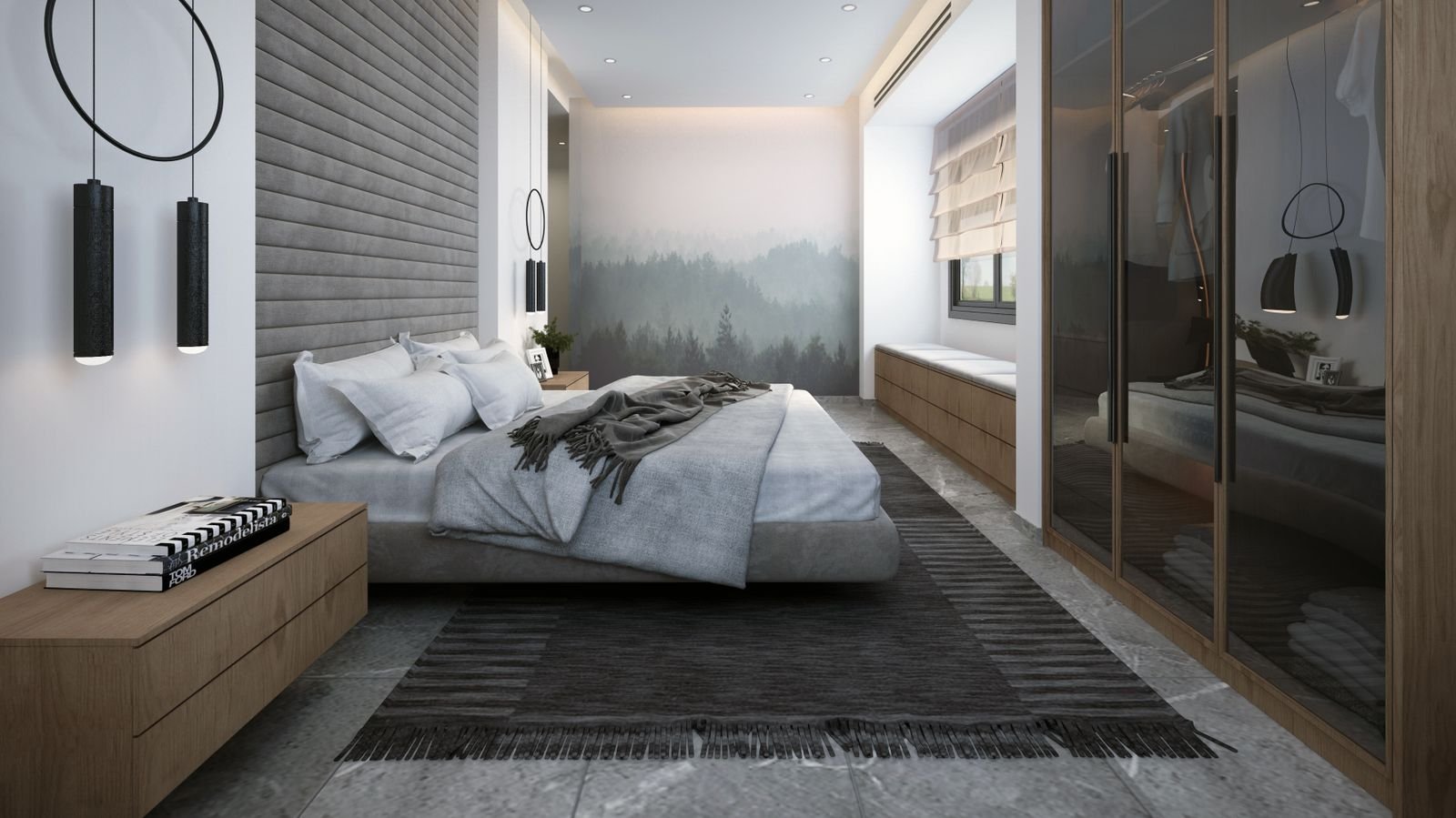 Modern bedroom with white pillows and calm, muted colors.