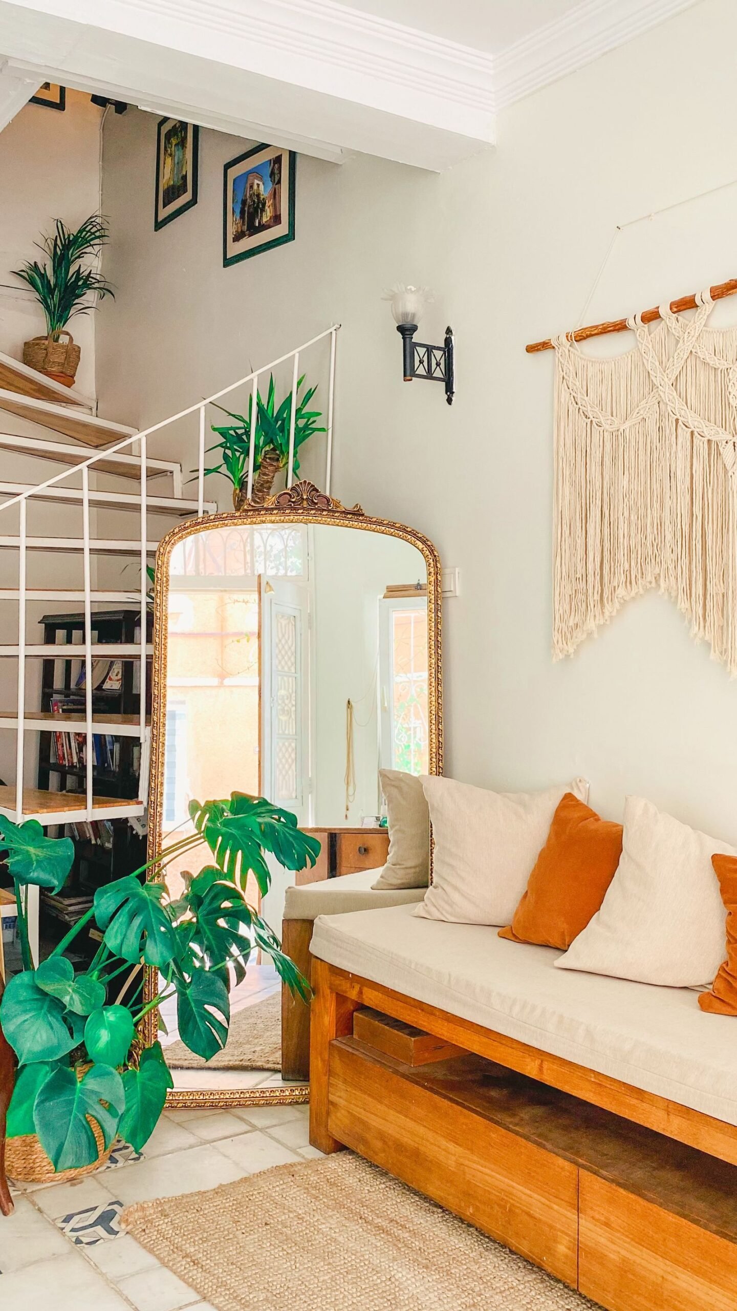 Living room with rustic furniture and natural elements.