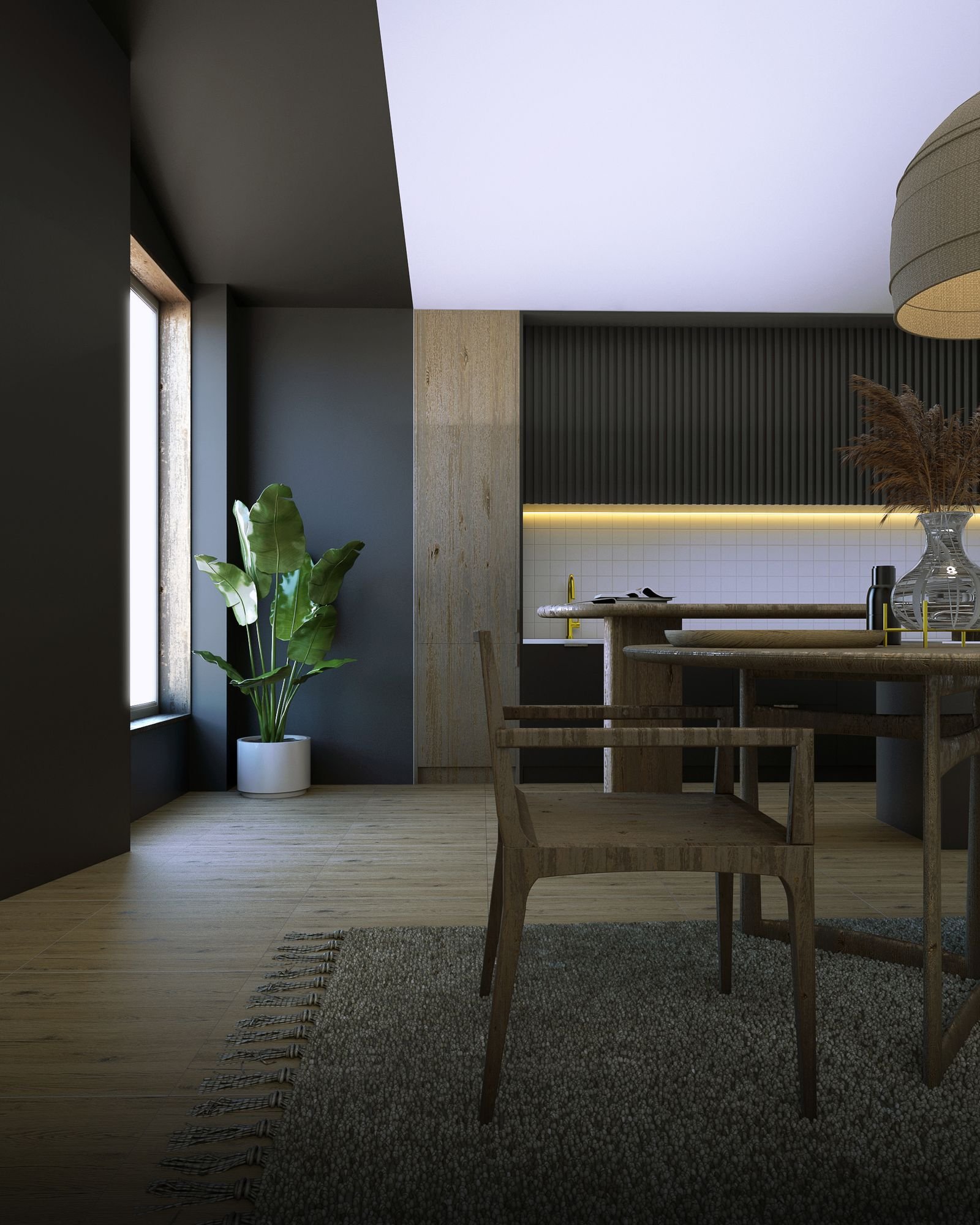 Minimalist kitchen with wooden furniture and a plant.