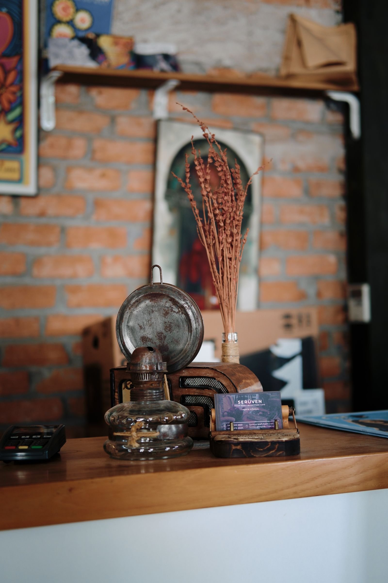 Rustic home decor items arranged on a wooden table.