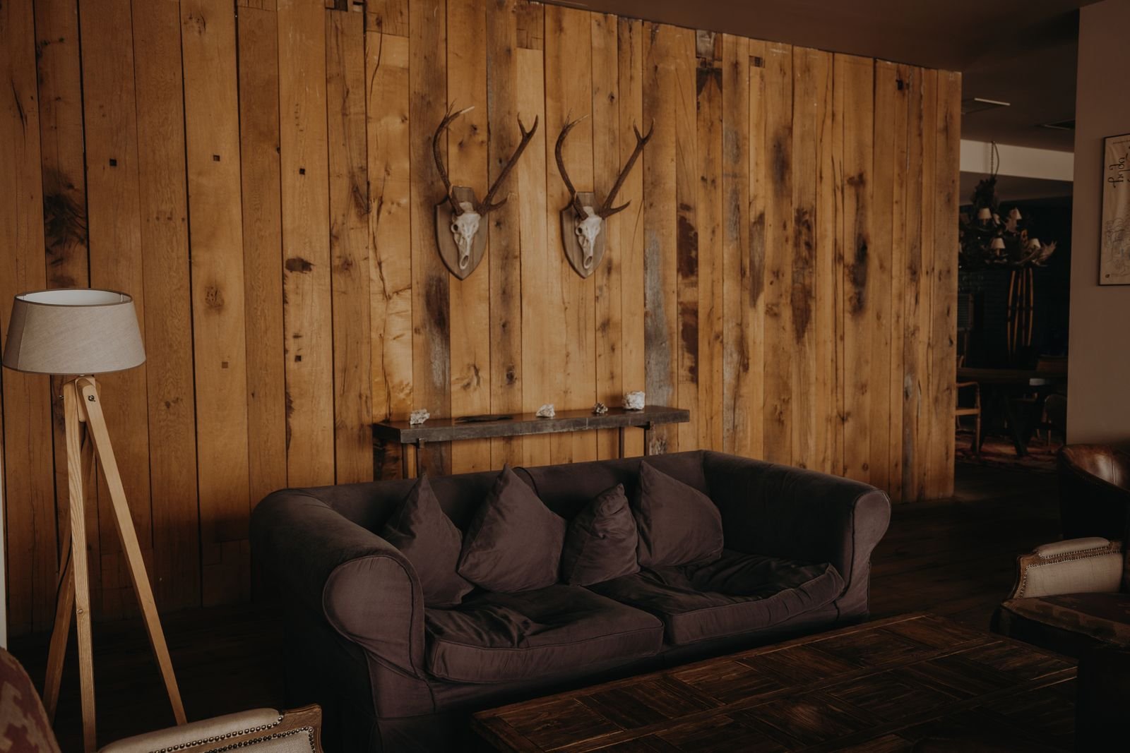 Living room with a rustic wooden wall and cozy furniture.