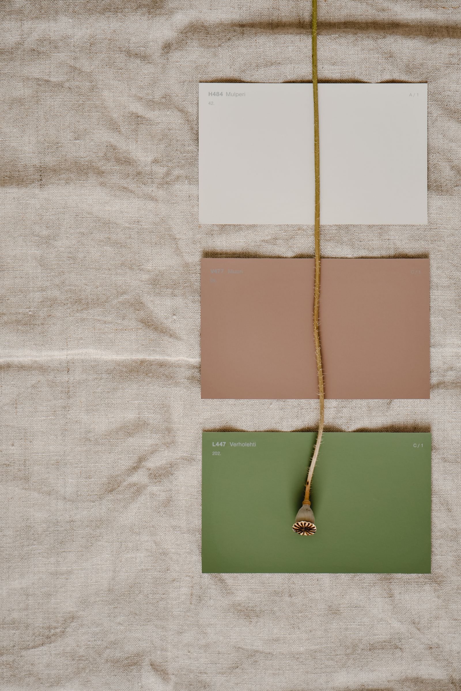 Beige and green paint sample cards laid on raw linen fabric.