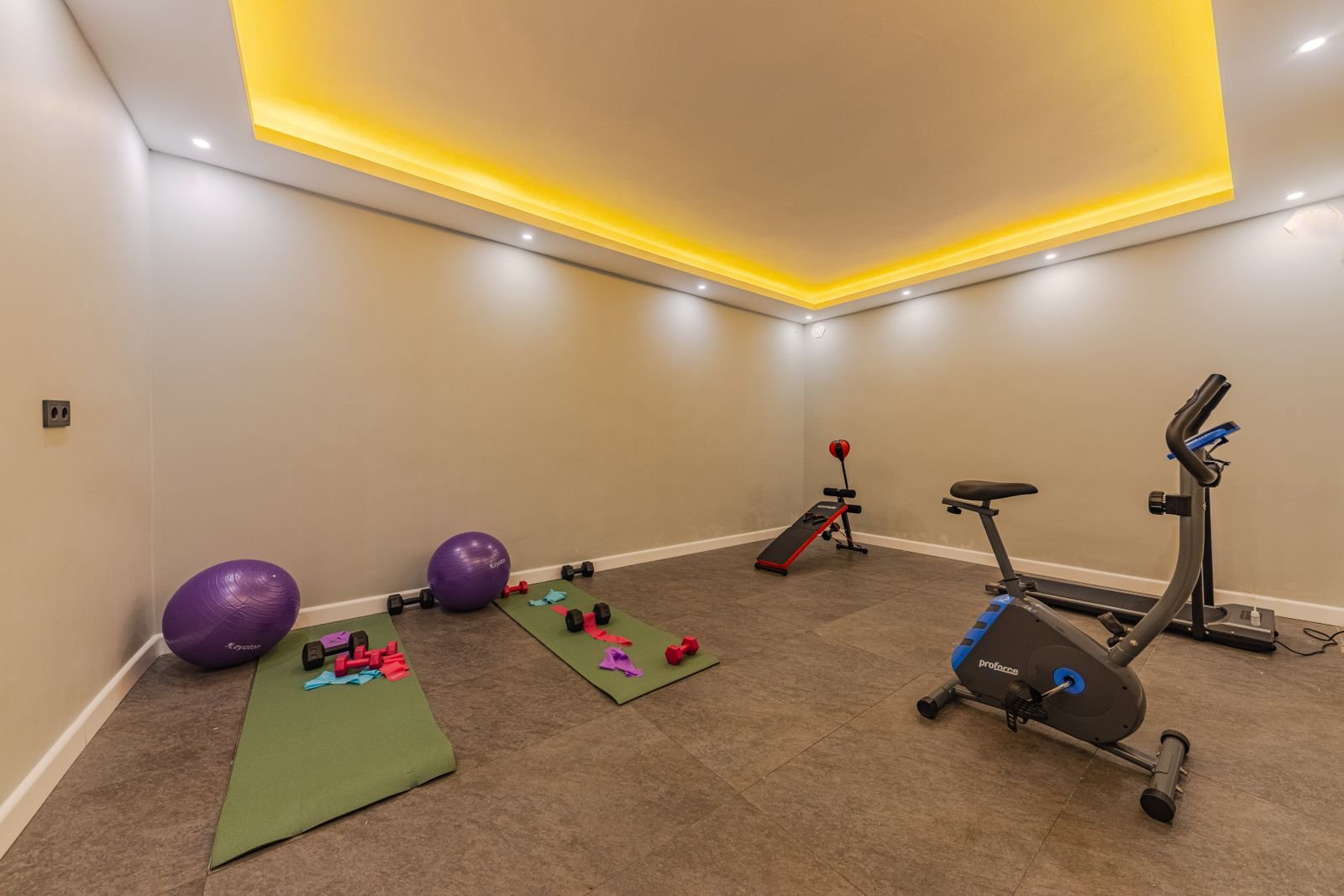 Spacious home gym with yoga mats and exercise balls under soft lighting.