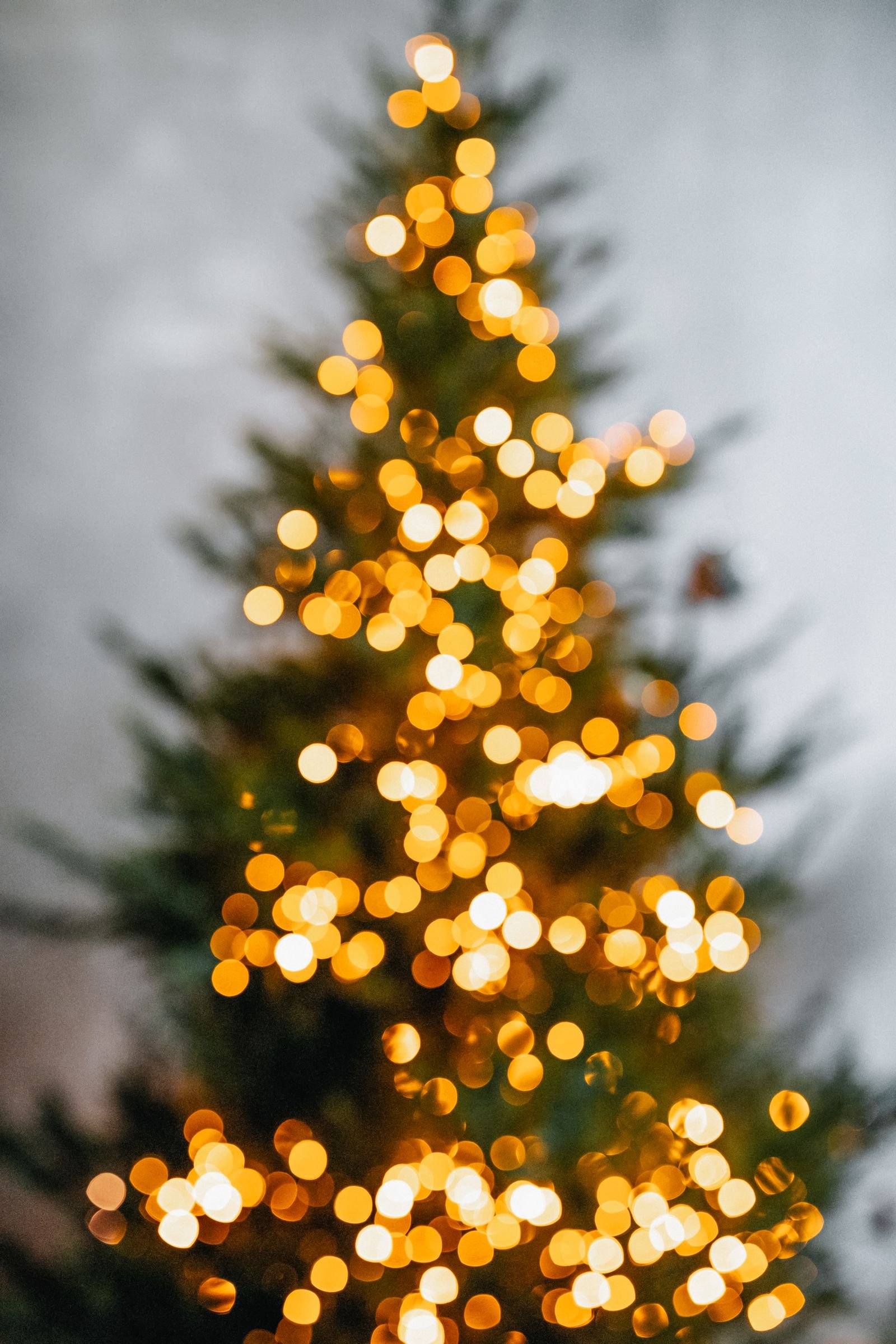 Christmas tree glowing with warm lights and a soft bokeh background.