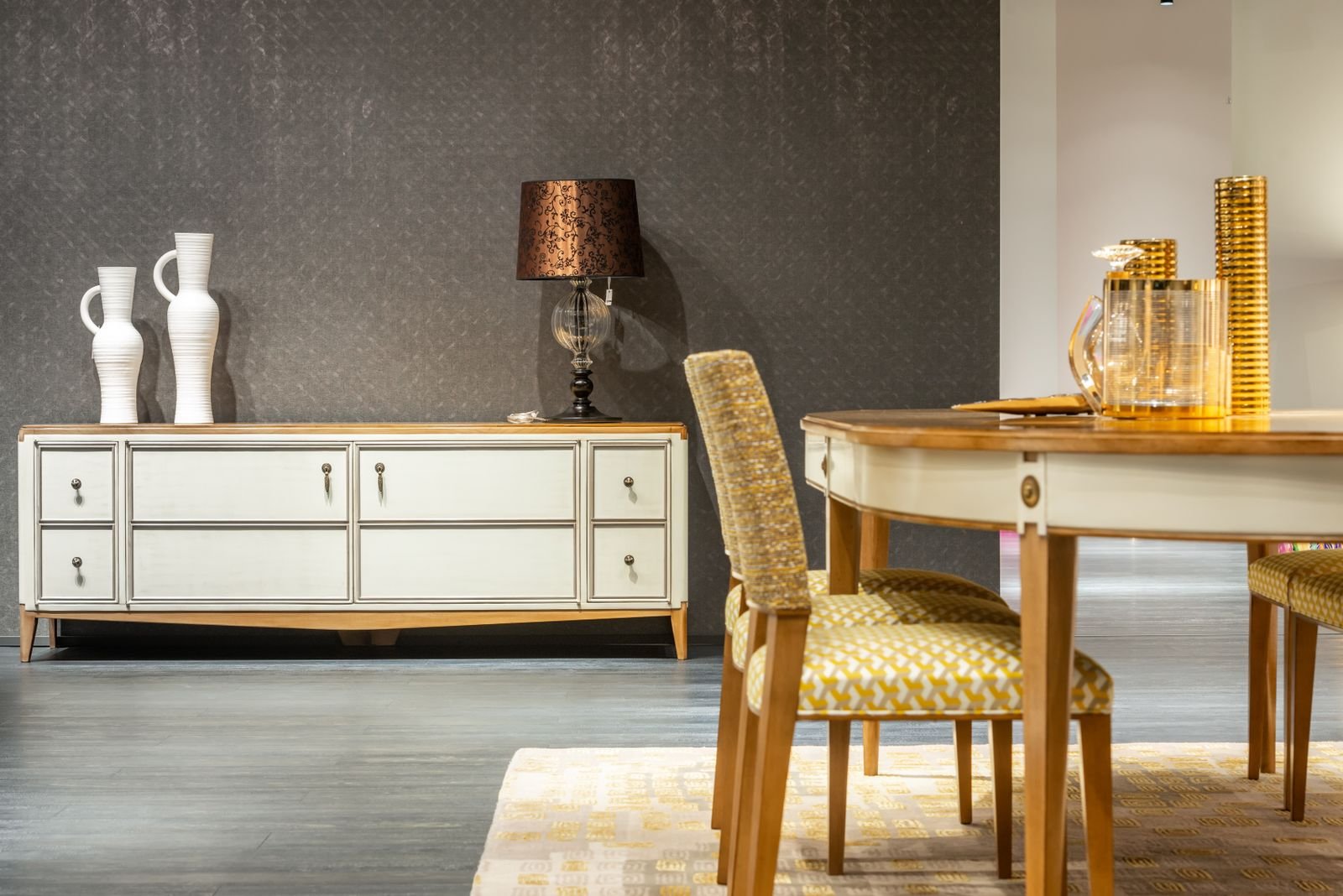 Classic dining room with a wooden table and chairs.