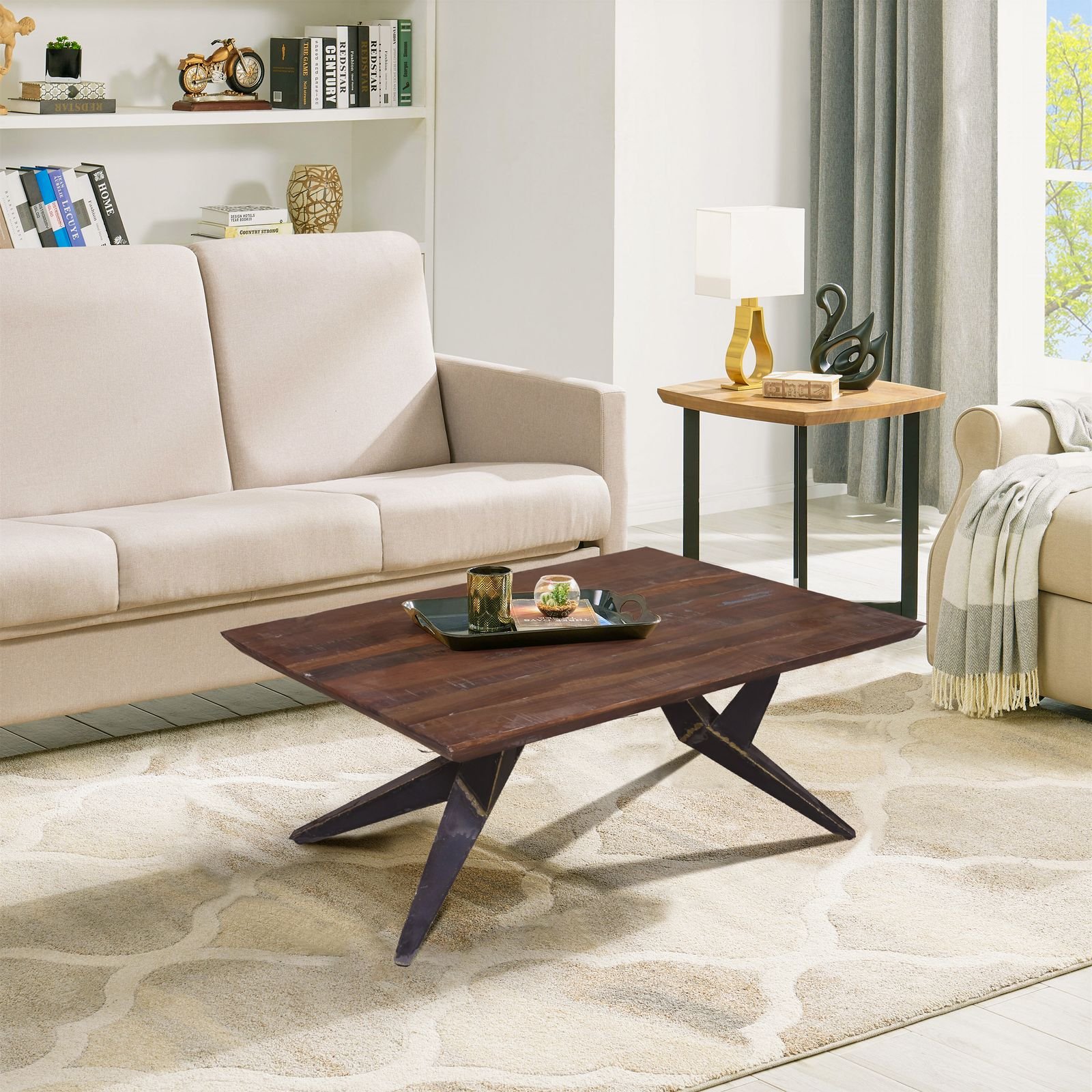 Living room with a wooden coffee table and a beige sofa.
