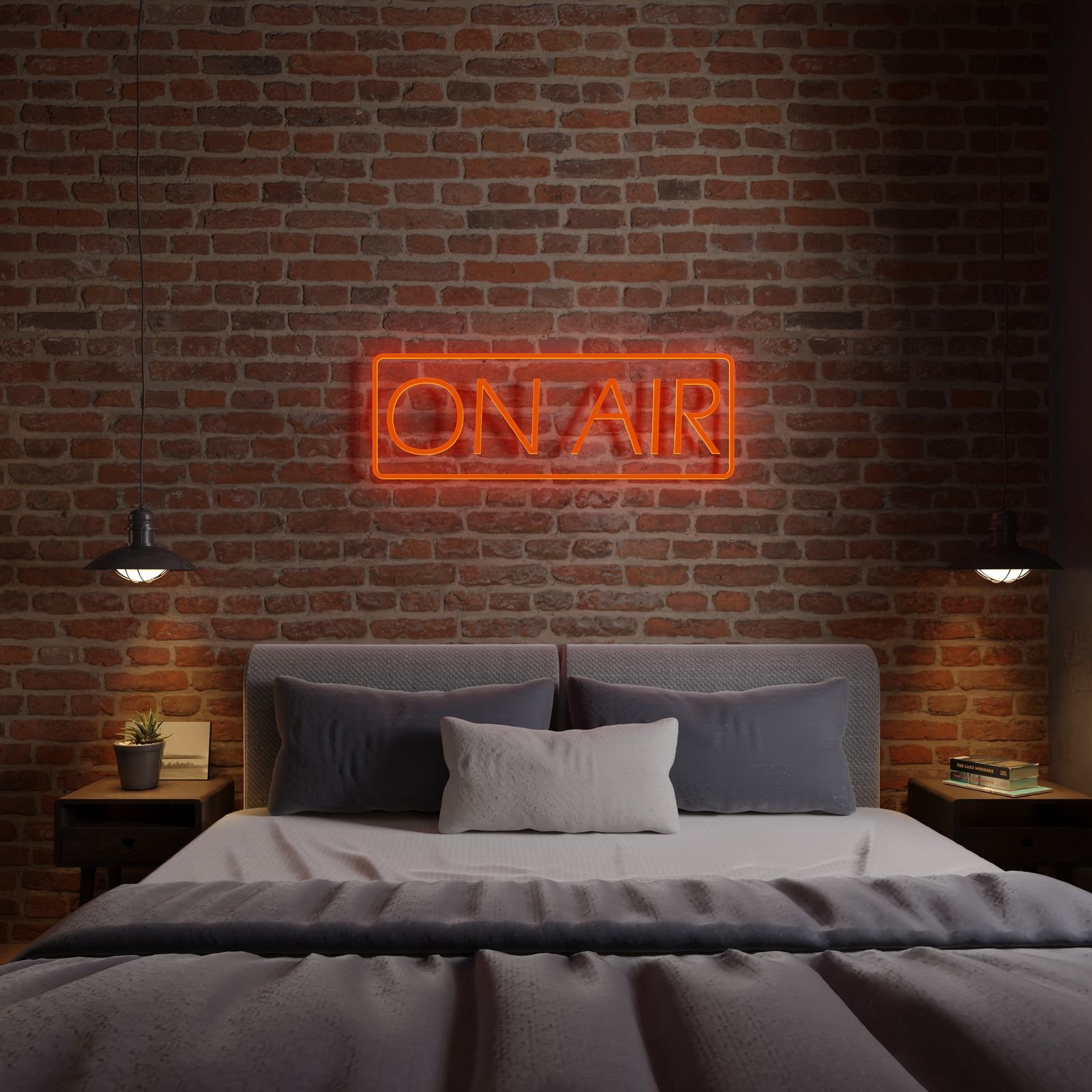 Brick-wall bedroom with a glowing neon sign above the bed.