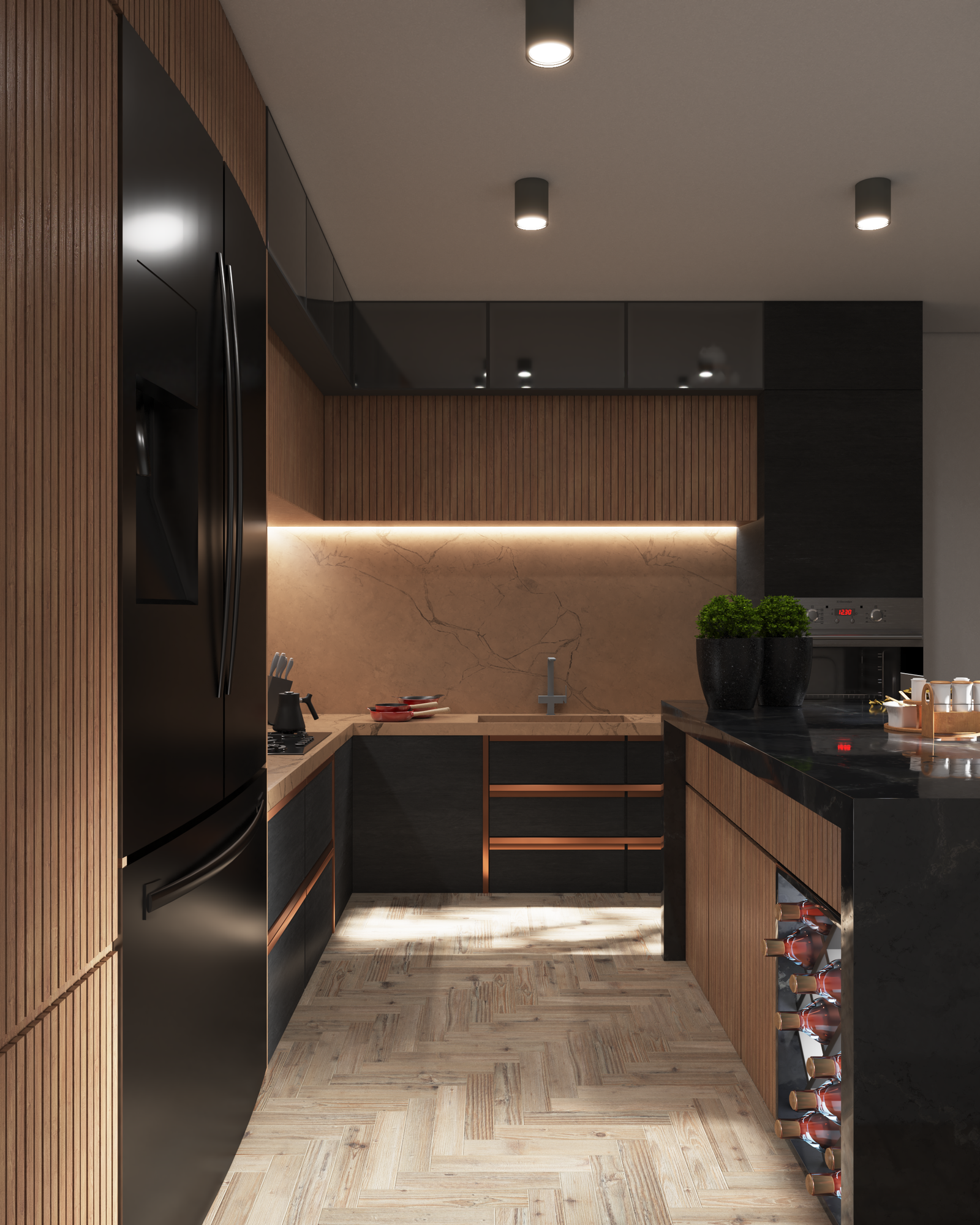 Industrial-style kitchen in brown and black with sleek cabinets and LED lighting.
