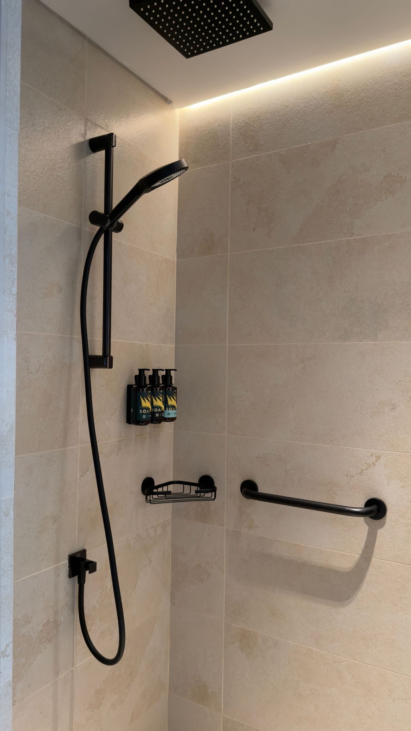 Modern shower area with sleek black fixtures.