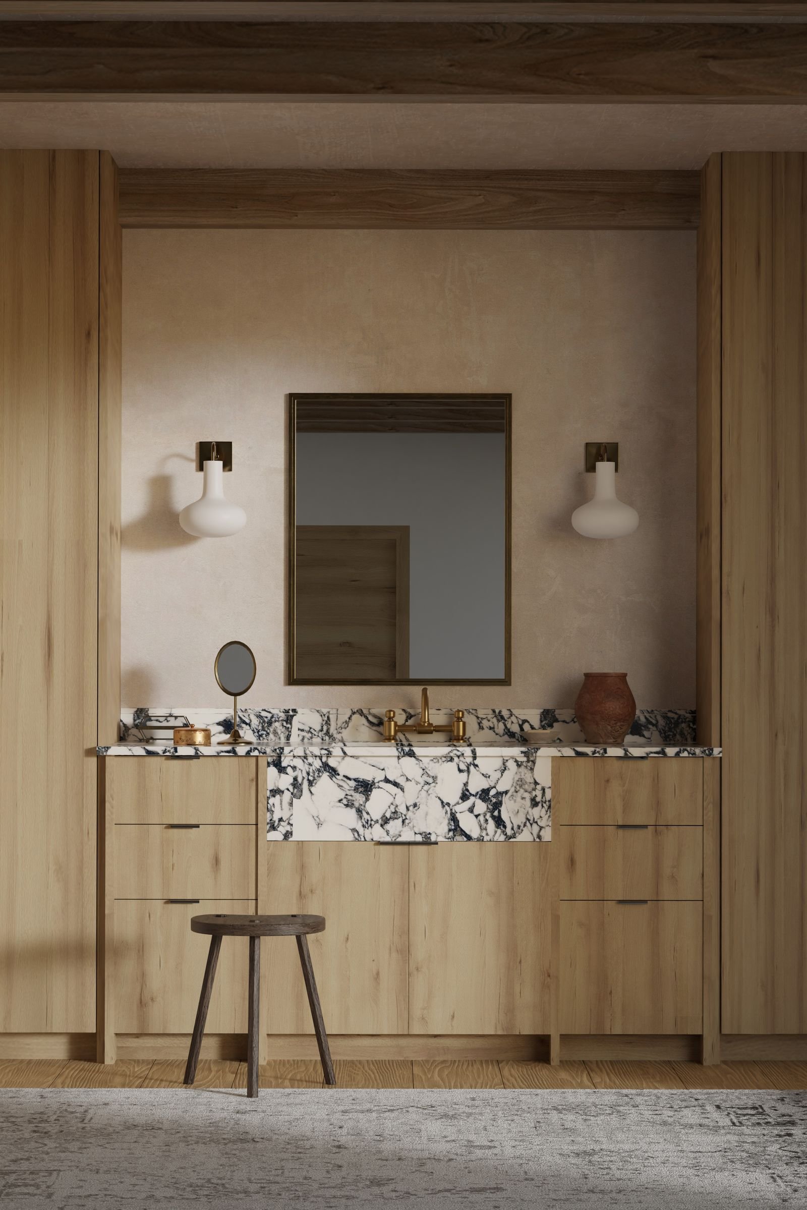 Modern bathroom with wooden cabinets, a marble countertop and wall lights.