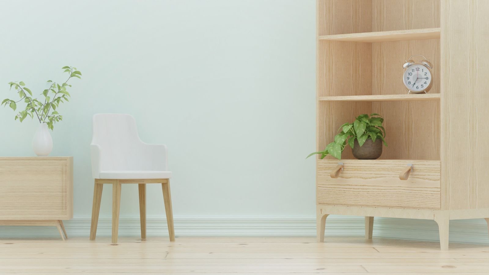 Minimalist room with wooden furniture and indoor plants.