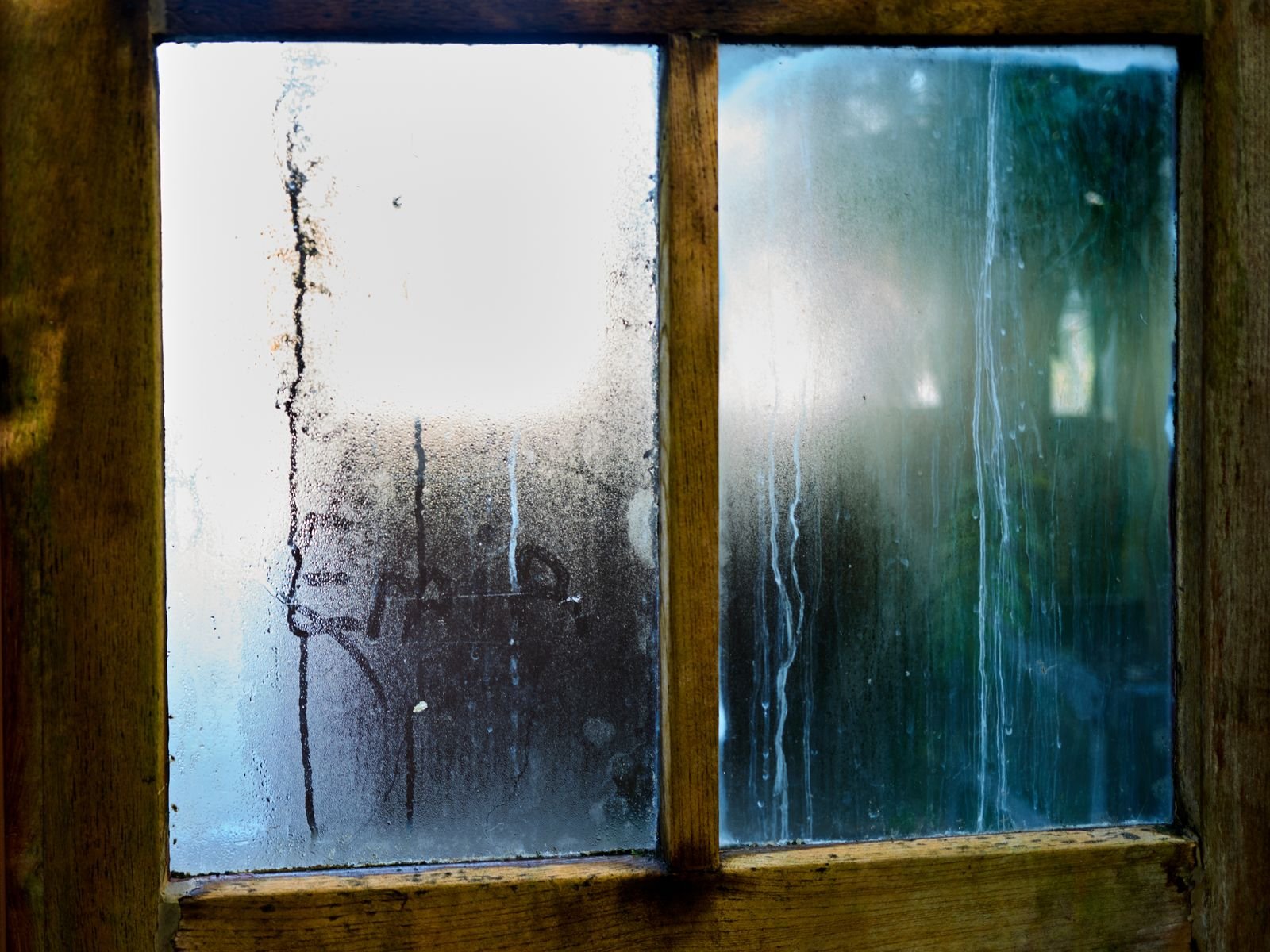 Wooden window frame with condensation streaking down the glass.