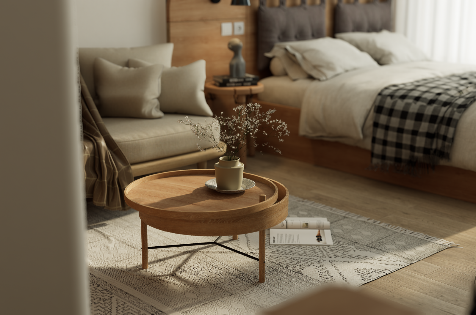 Scandinavian-style bedroom with a wooden table and neutral decor.