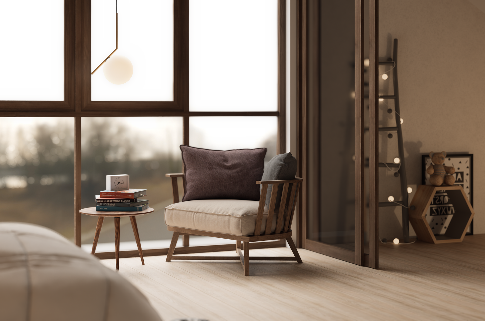 Bright living room with a wooden armchair and cozy pillows.