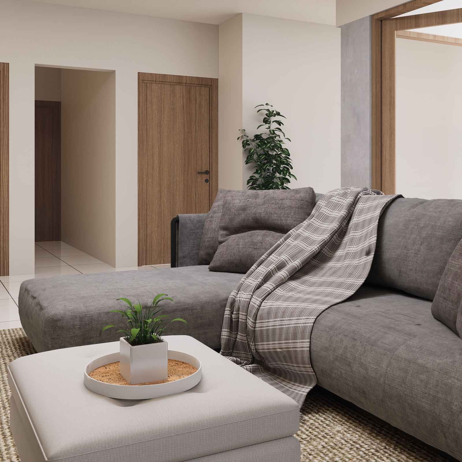 Minimalist living room with a cozy sofa setup.