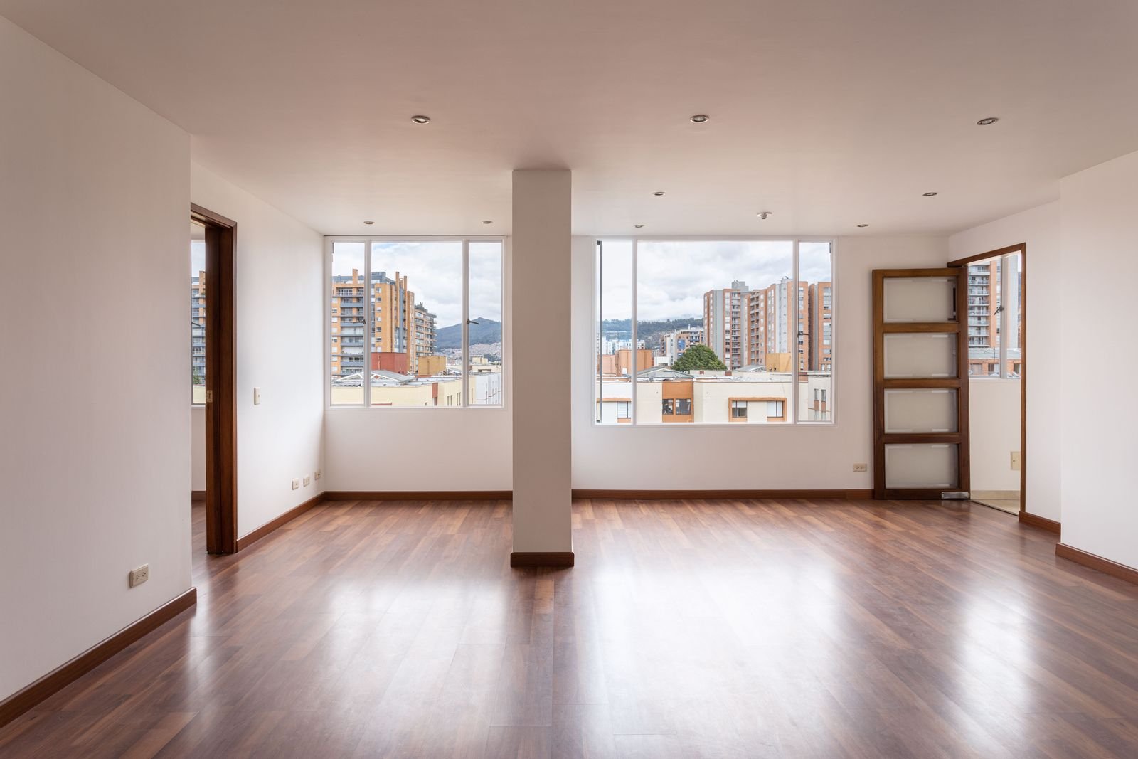 Bright empty apartment room with wide windows and wood flooring.