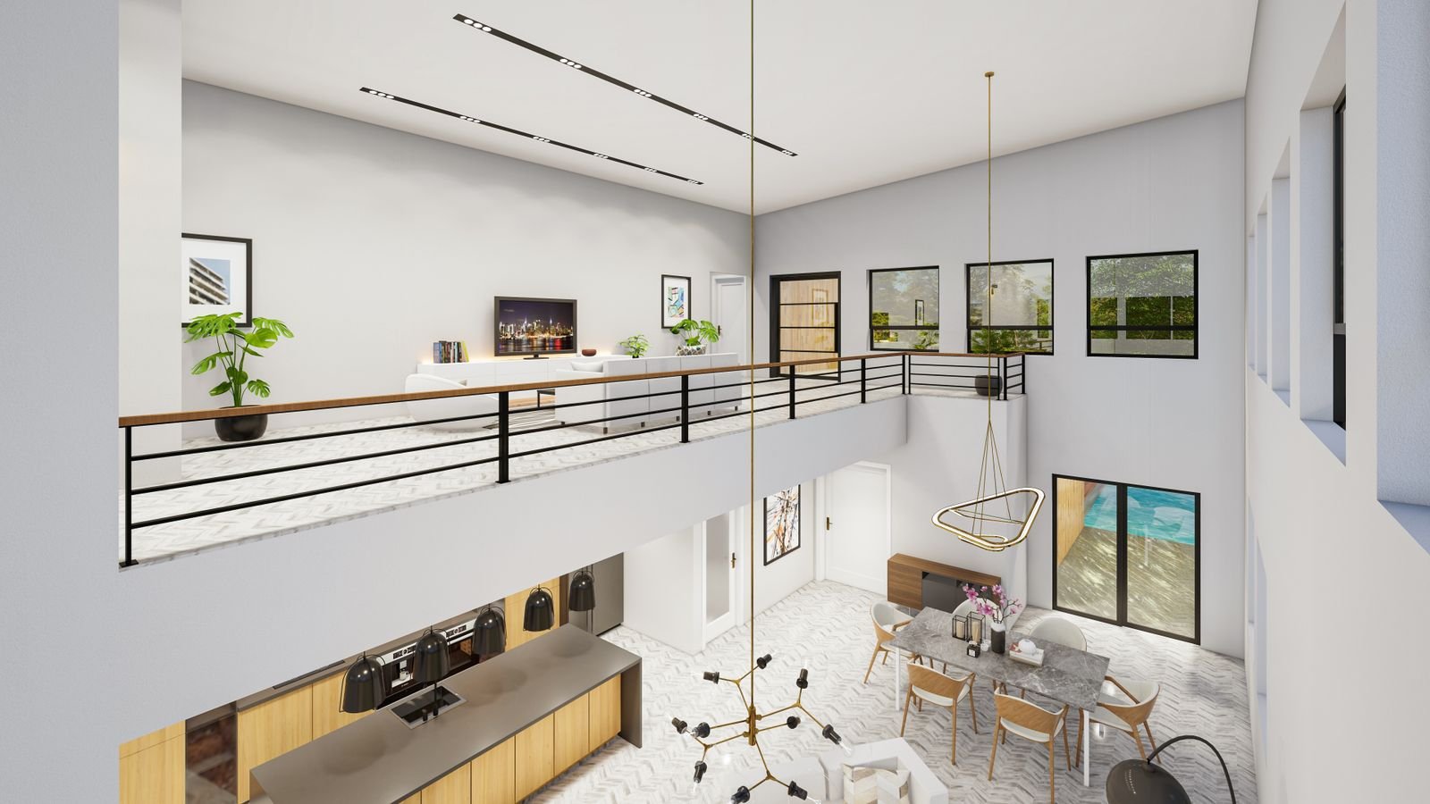 Modern minimalist home interior with an open balcony view