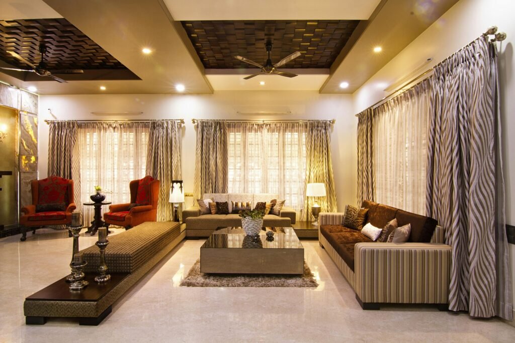 A luxurious living room with elegant furniture and warm lighting.