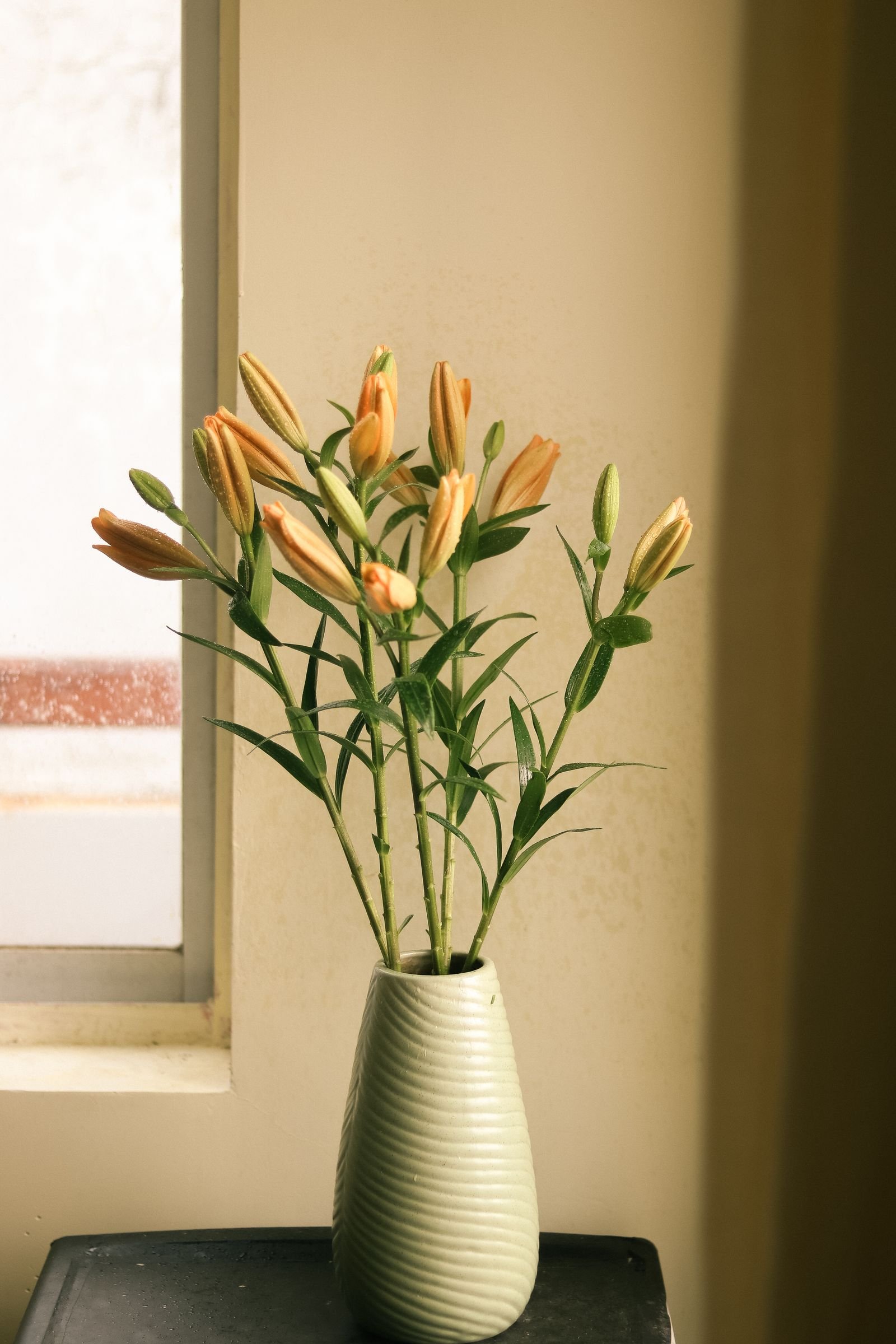 Vase of tiger lily flowers on a table by a window, adding calm to the room