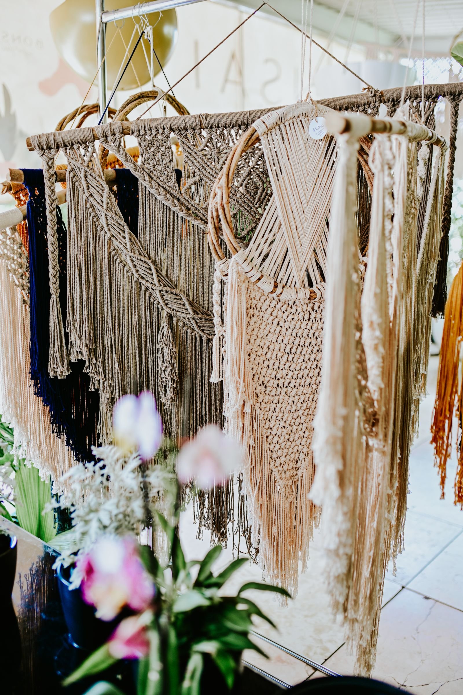 Handmade macrame wall hangings in a modern interior