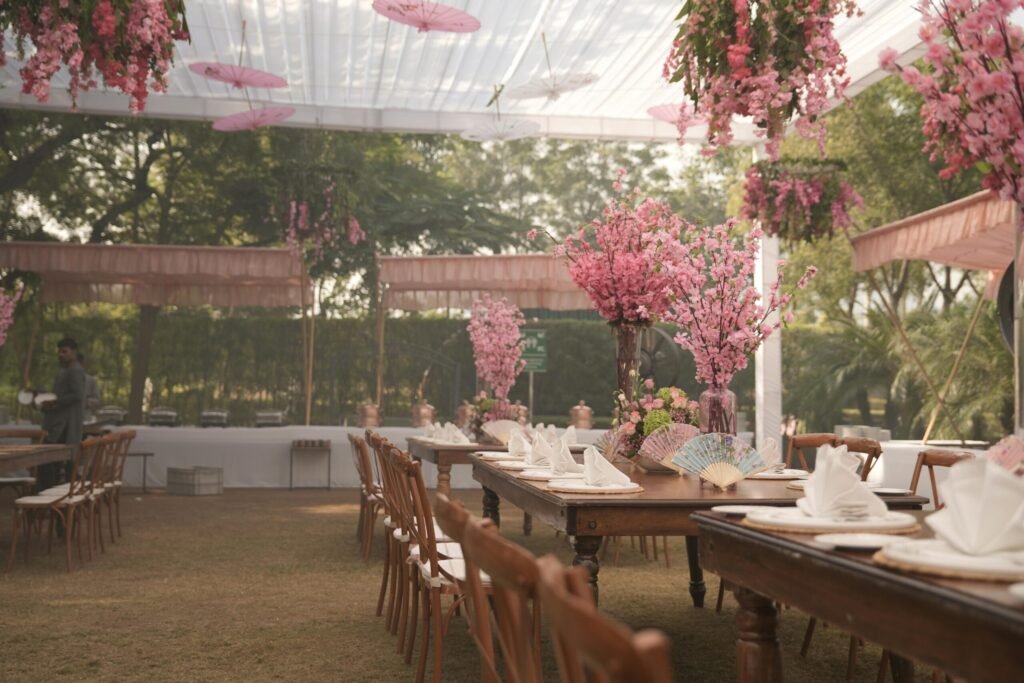 Beautifully decorated outdoor Indian wedding setup with floral arrangements in USA.